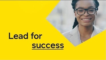 A promotional banner with "Lead for Success" text and a smiling woman.
