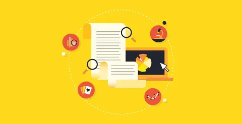 Illustration of documents, magnifying glasses, and a laptop showing a pie chart, surrounded by icons for data, research, and analysis on a yellow background.