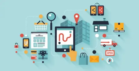 A flat design illustration showing various icons representing online shopping, delivery, security, and location connected around a central tablet.