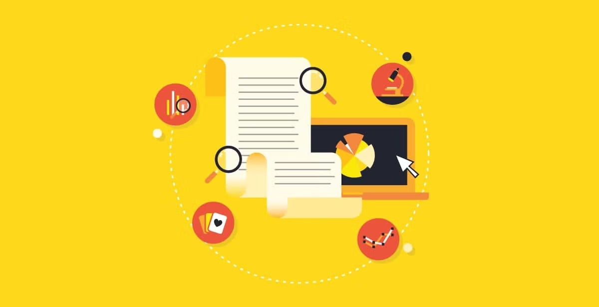Illustration of documents, magnifying glasses, and a laptop showing a pie chart, surrounded by icons for data, research, and analysis on a yellow background.