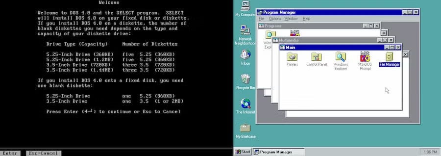 On the left, there is a retro black-and-white DOS installation screen with disk instructions, and on the right, the classic graphical interface of early Microsoft Windows displaying multiple program windows.