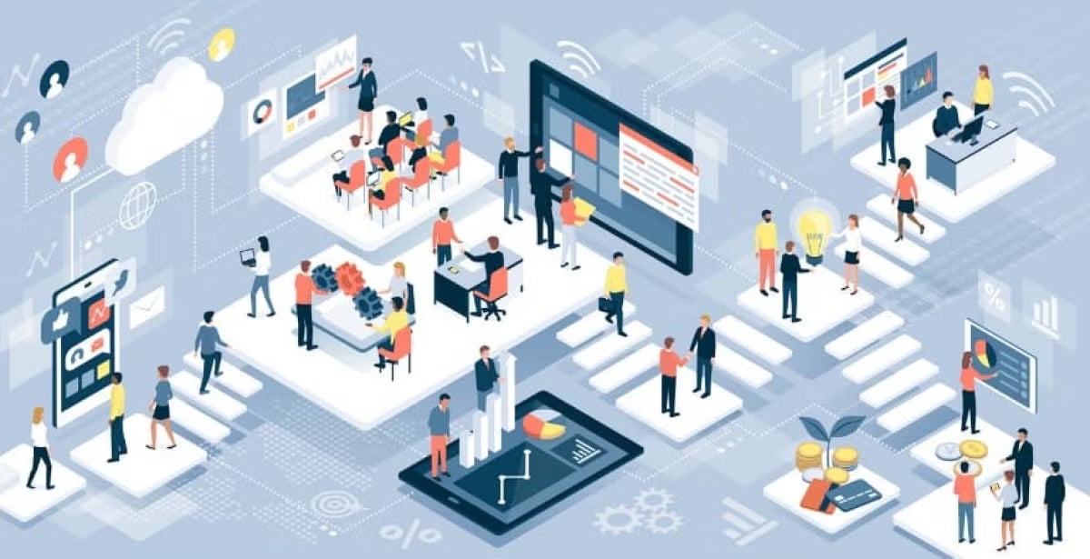 An illustrated scene contains groups of people interacting around oversized digital devices, charts, lightbulbs, and symbols representing collaboration, data analytics, and innovation in a connected workspace.
